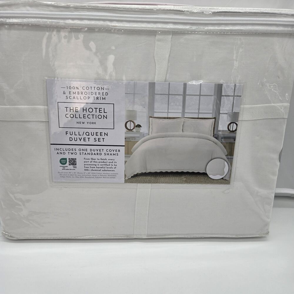 Hotel Collection Duvet Set QUEEN FULL White Embroidered Scalloped Trim Cotton - Picture 2 of 7